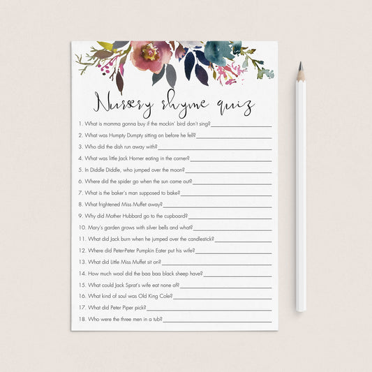 Boho Baby Shower Nursery Rhyme Quiz Printable