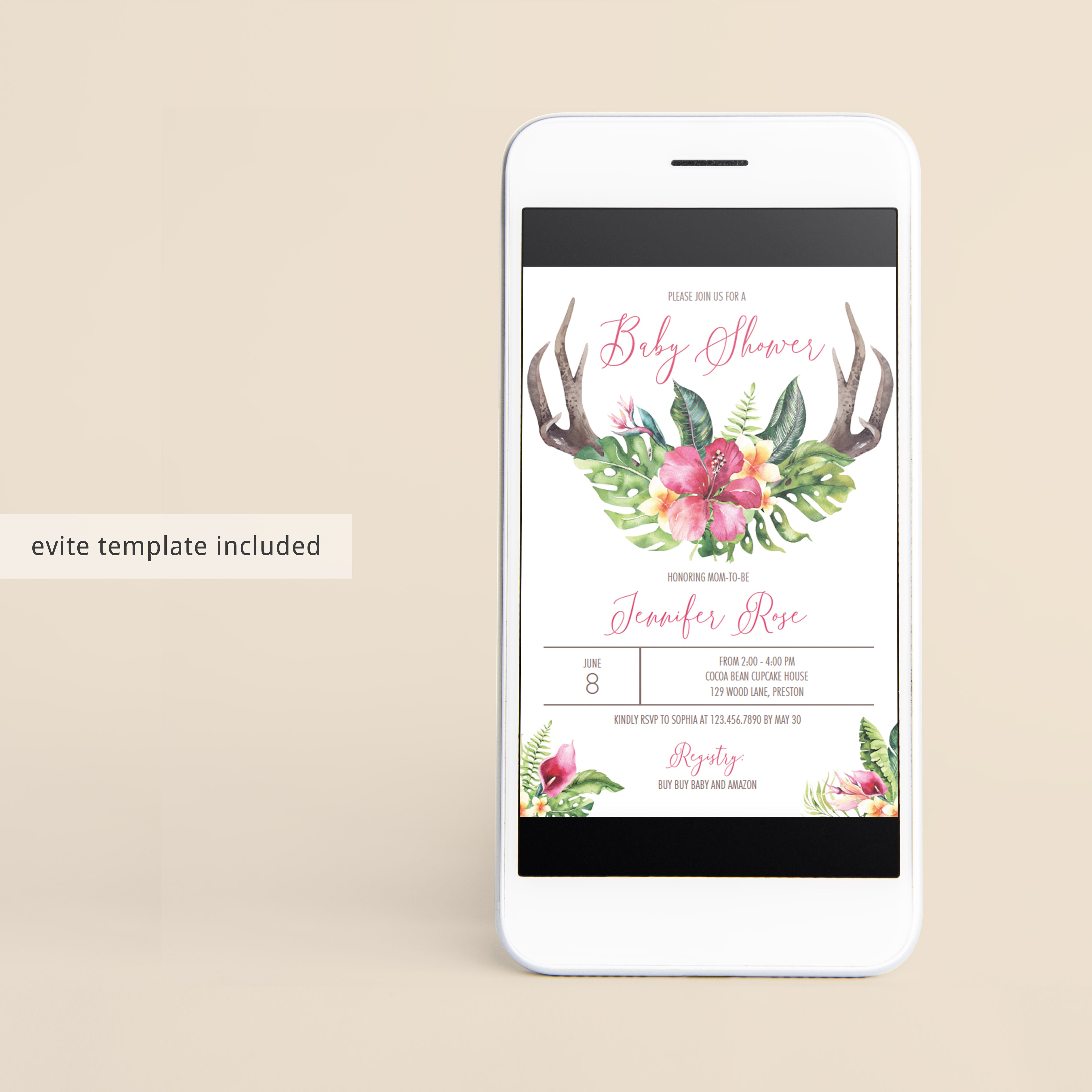 Watercolor deer antler baby shower invite by LittleSizzle