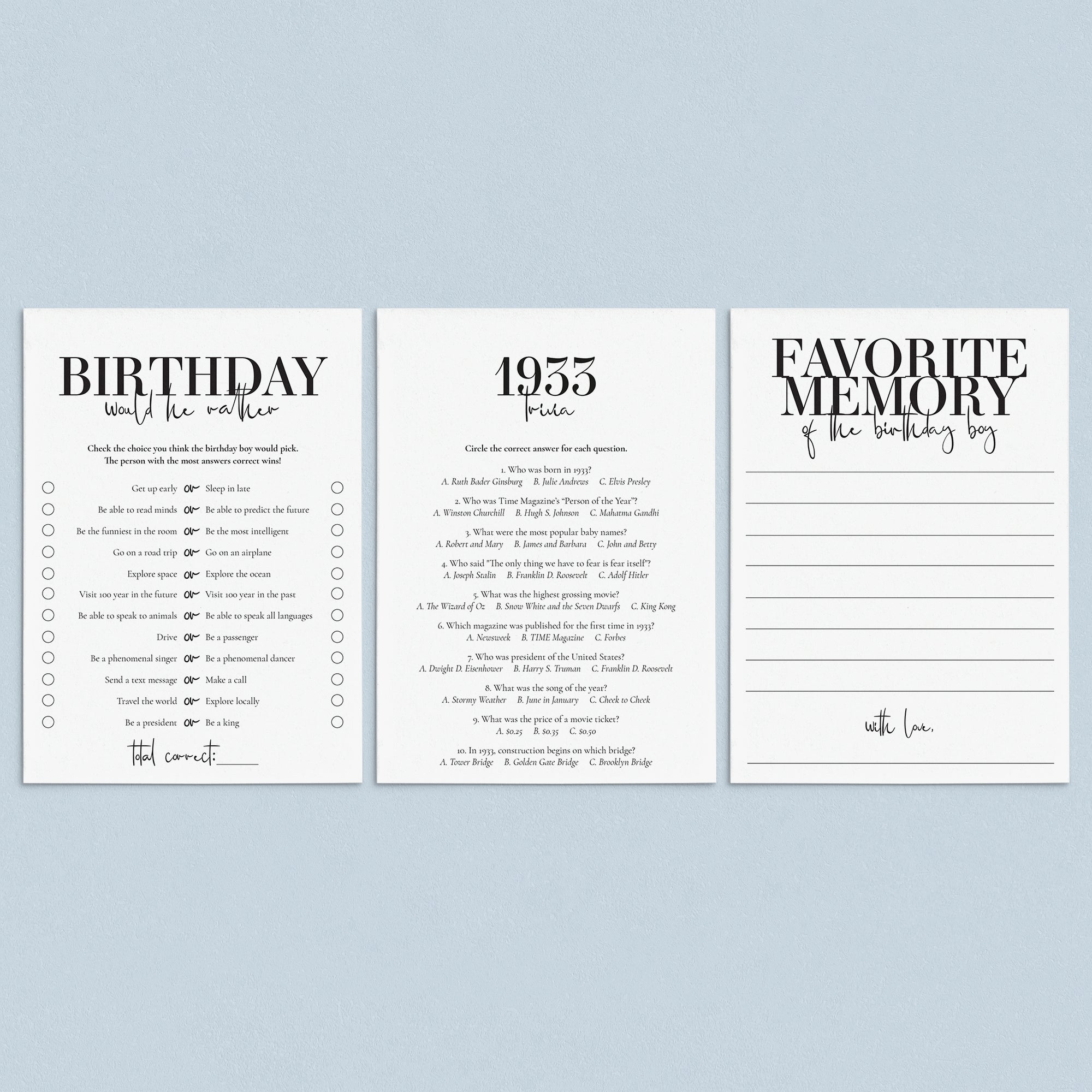 92nd Birthday Games For Him Born in 1933 by LittleSizzle