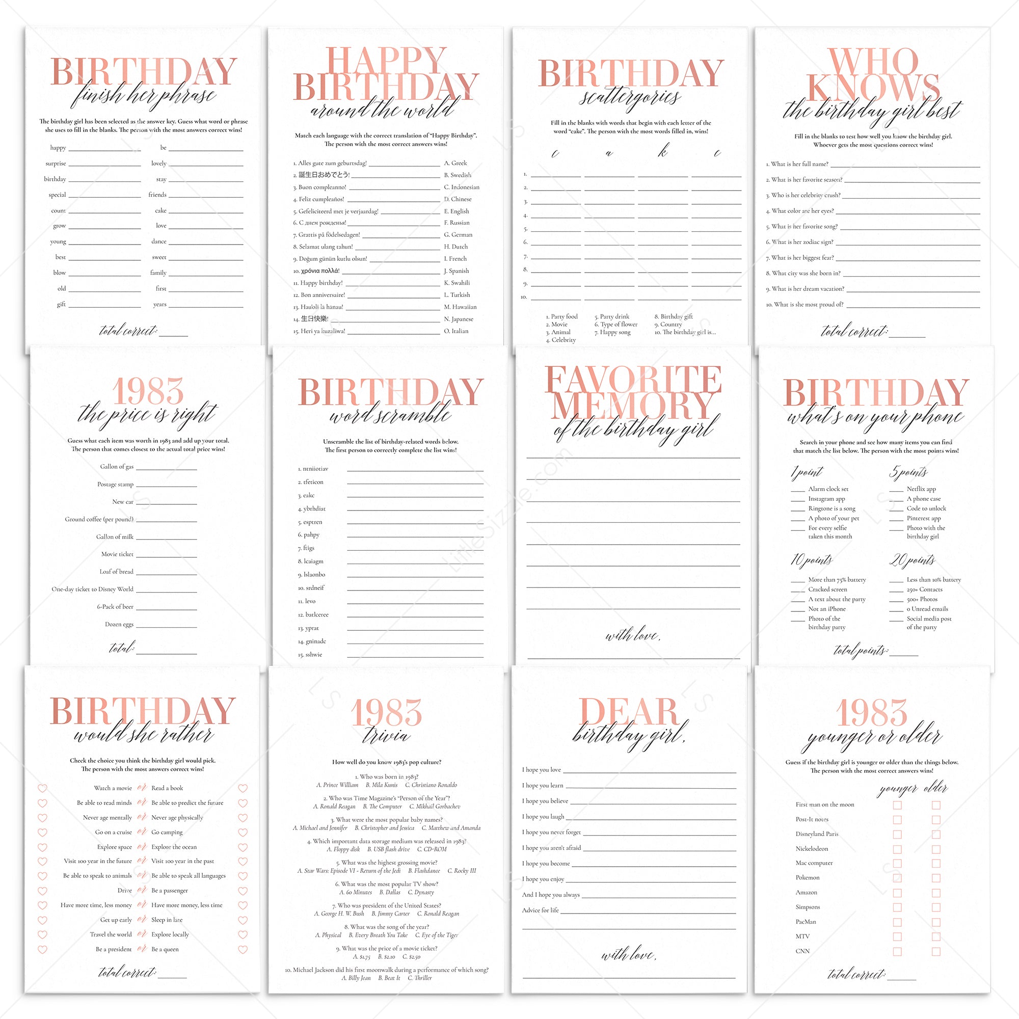 Born In 1983 42nd Birthday Party Games Bundle For Women by LittleSizzle