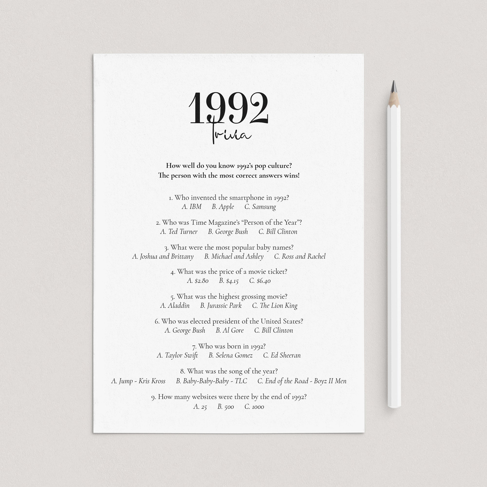 1992 Trivia Questions and Answers Printable by LittleSizzle