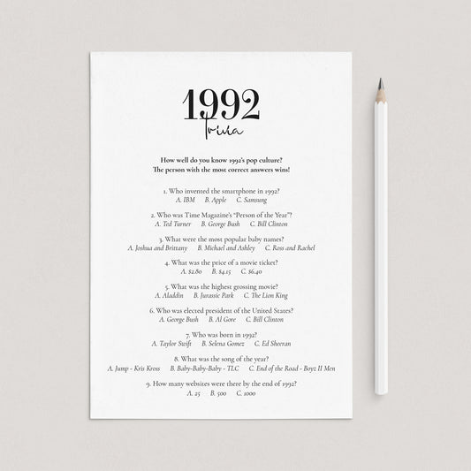 1992 Trivia Questions and Answers Printable by LittleSizzle