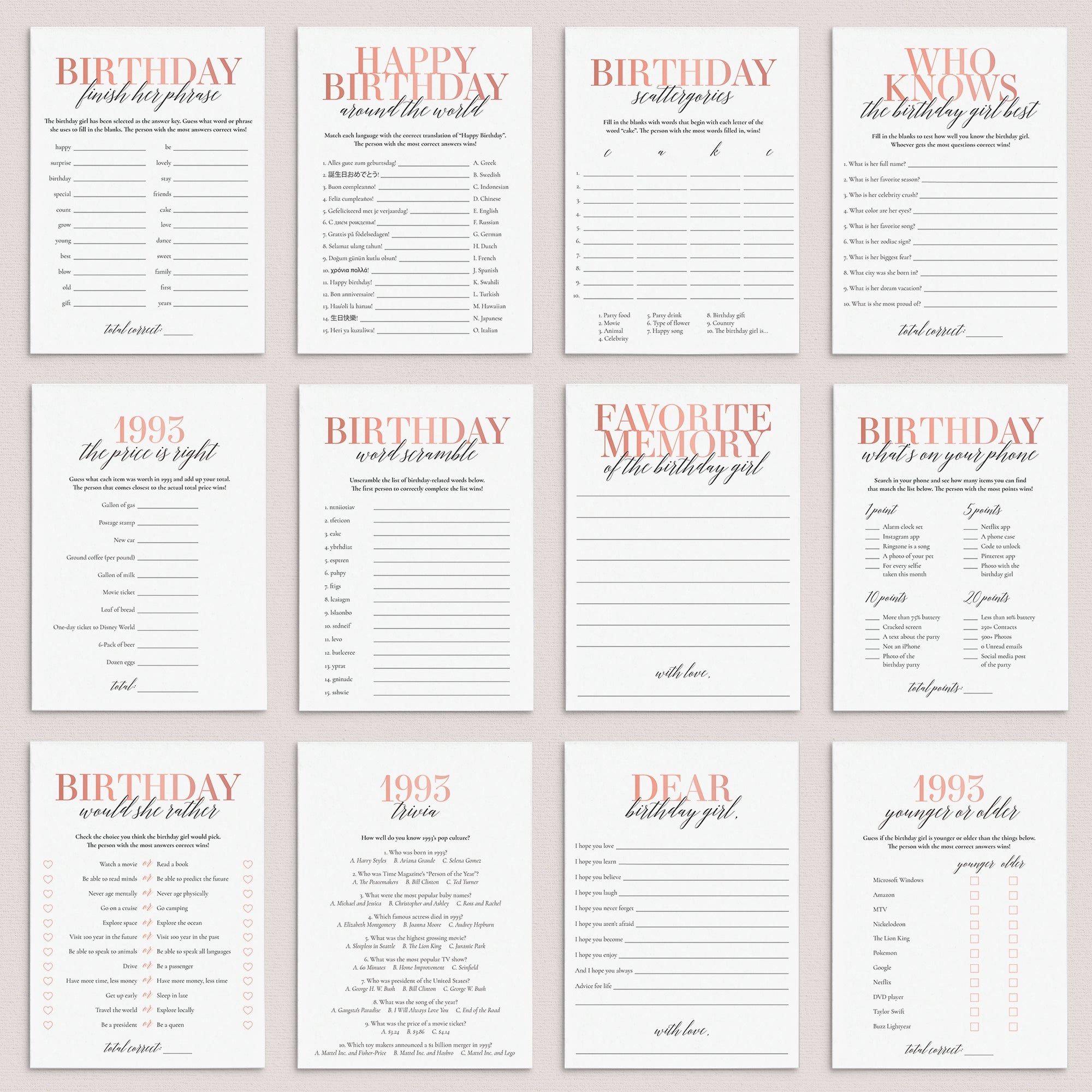 Born In 1993 32nd Birthday Party Games Bundle For Women by LittleSizzle