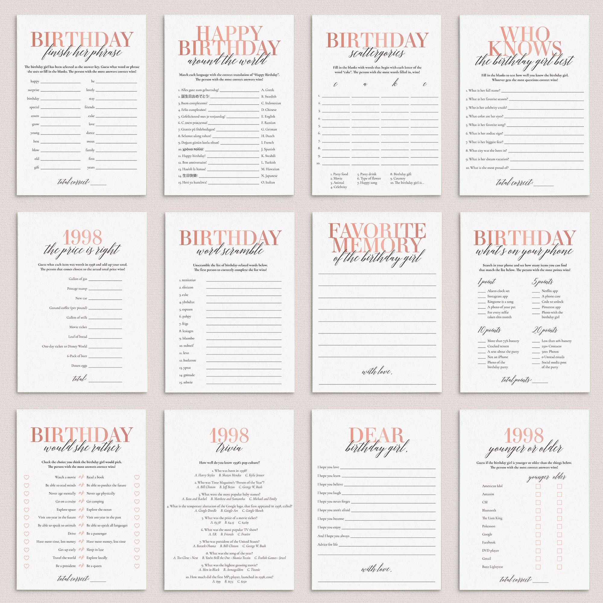 Born In 1998 27th Birthday Party Games Bundle For Women by LittleSizzle