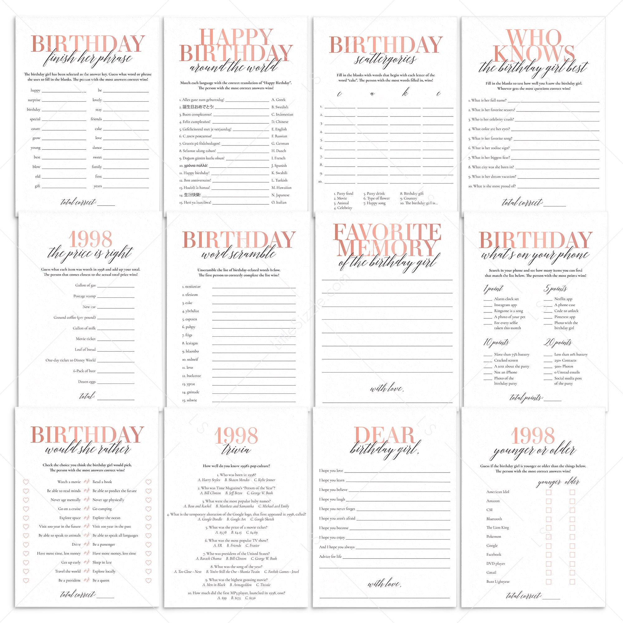 Born In 1998 27th Birthday Party Games Bundle For Women by LittleSizzle