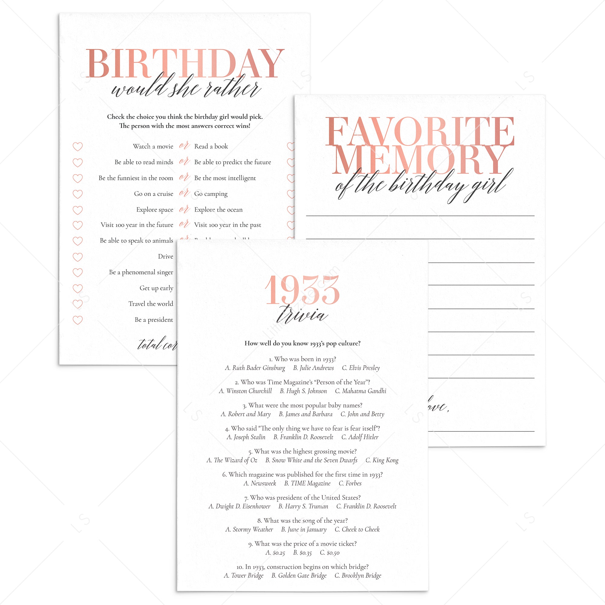 92nd Birthday Games For Her Born in 1933 by LittleSizzle