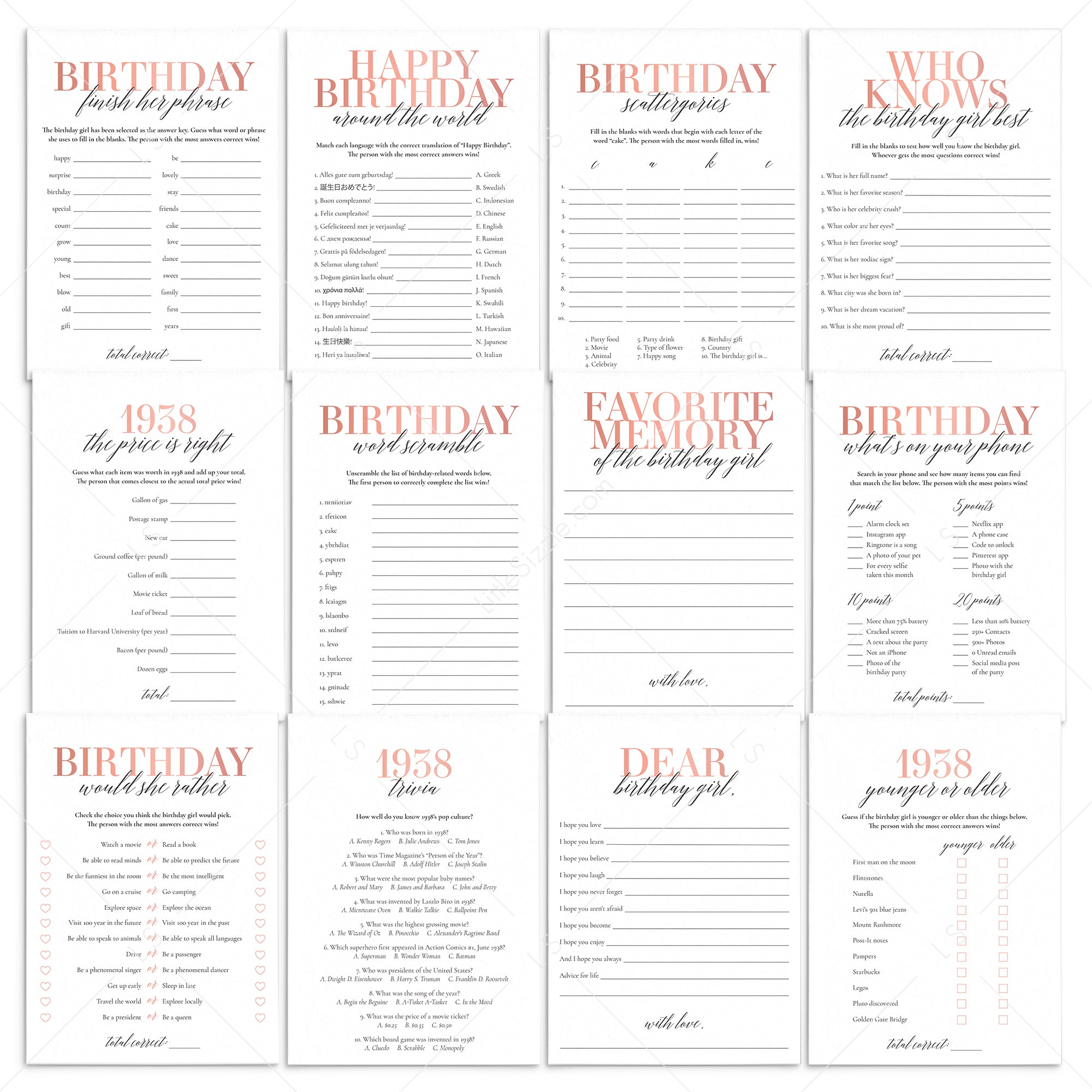 Born In 1938 87th Birthday Party Games Bundle For Women by LittleSizzle