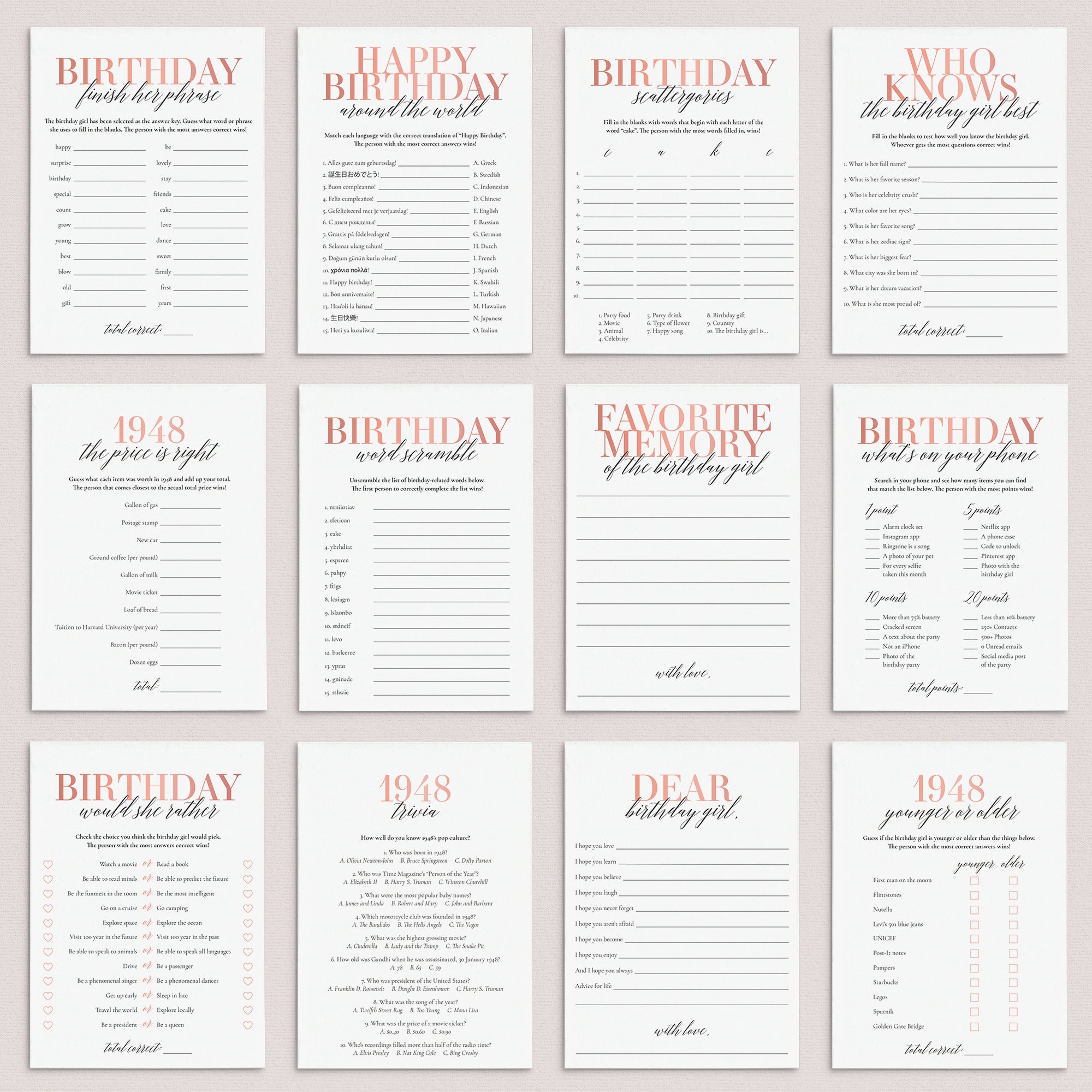 Born In 1948 77th Birthday Party Games Bundle For Women by LittleSizzle