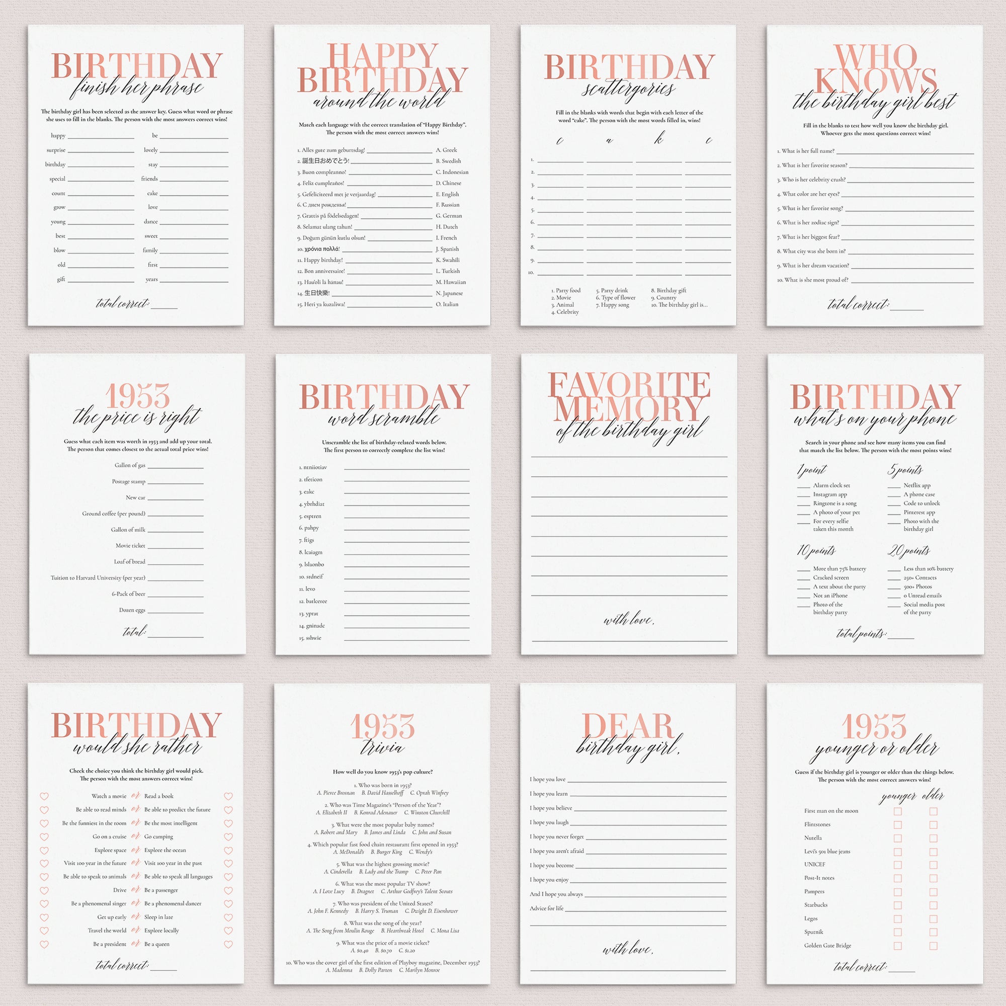 Born In 1953 72nd Birthday Party Games Bundle For Women by LittleSizzle