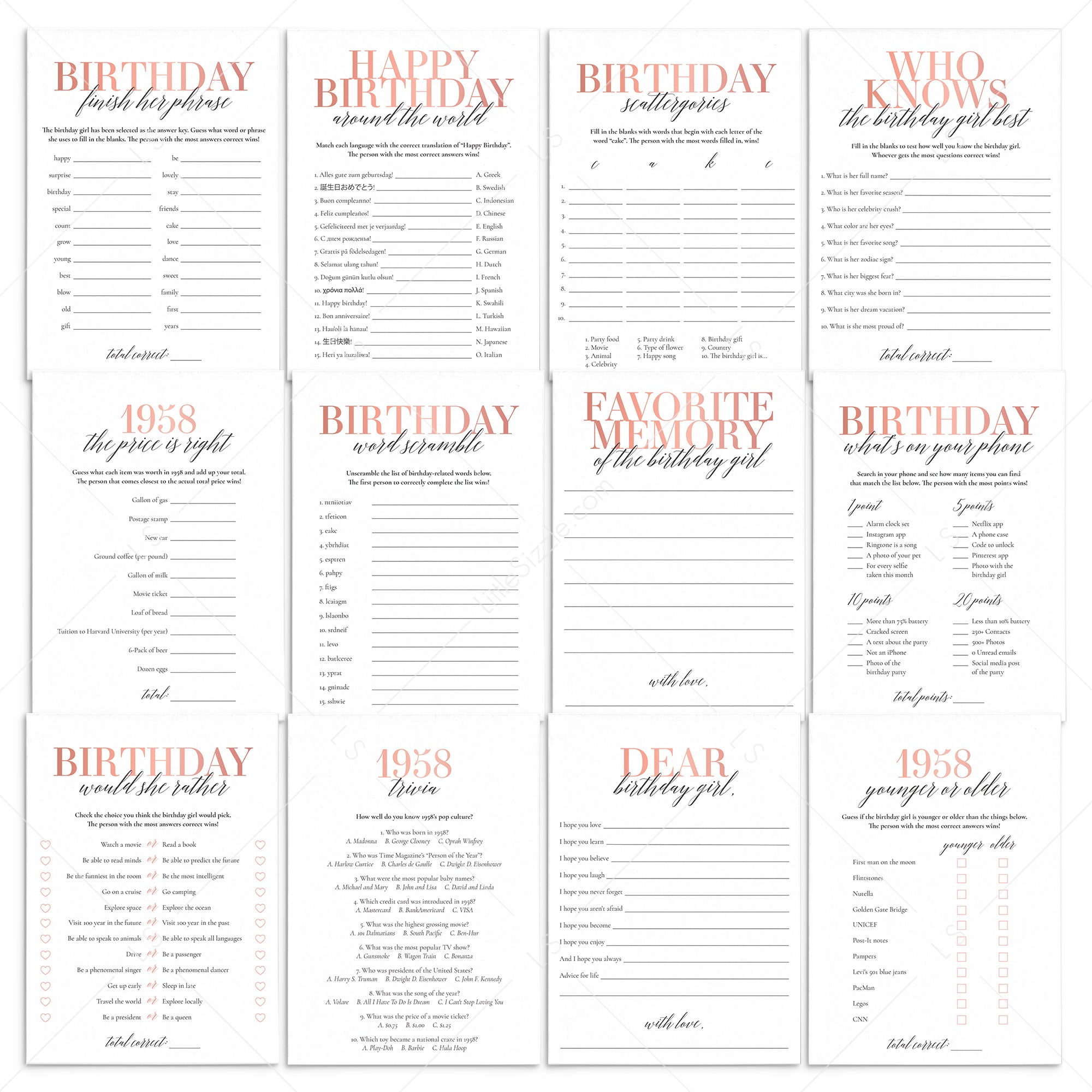 Born In 1958 67th Birthday Party Games Bundle For Women by LittleSizzle