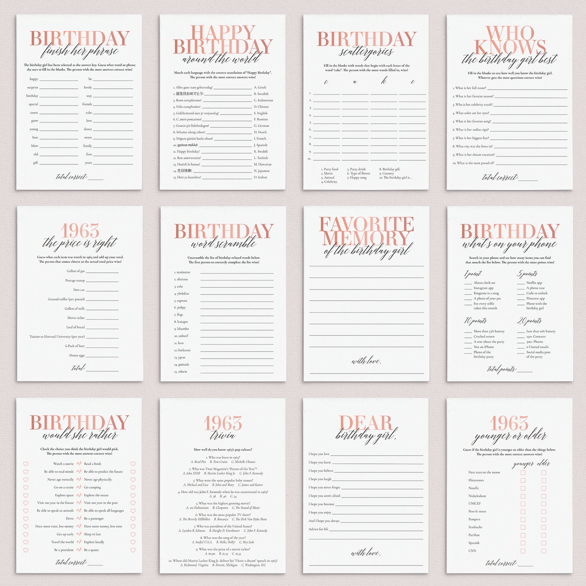 Born In 1963 62nd Birthday Party Games Bundle For Women by LittleSizzle