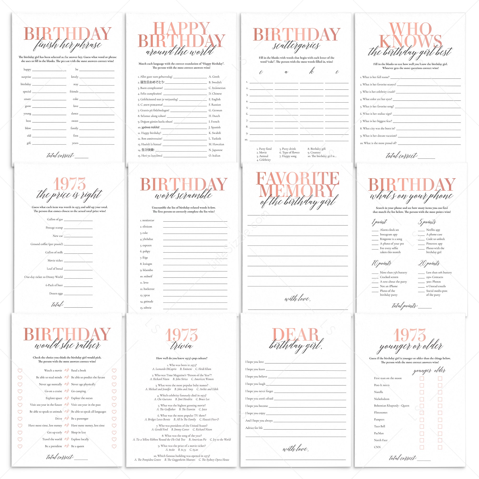 Born In 1973 52nd Birthday Party Games Bundle For Women by LittleSizzle