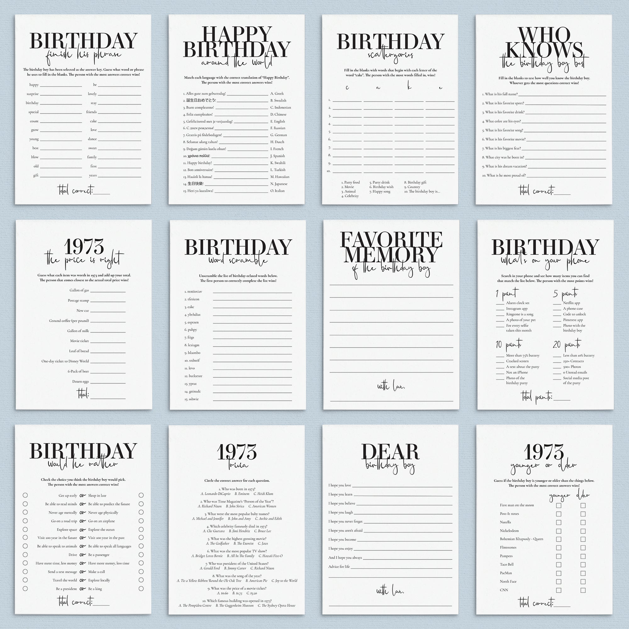 Born in 1973 52nd Birthday Party Games Bundle For Men by LittleSizzle