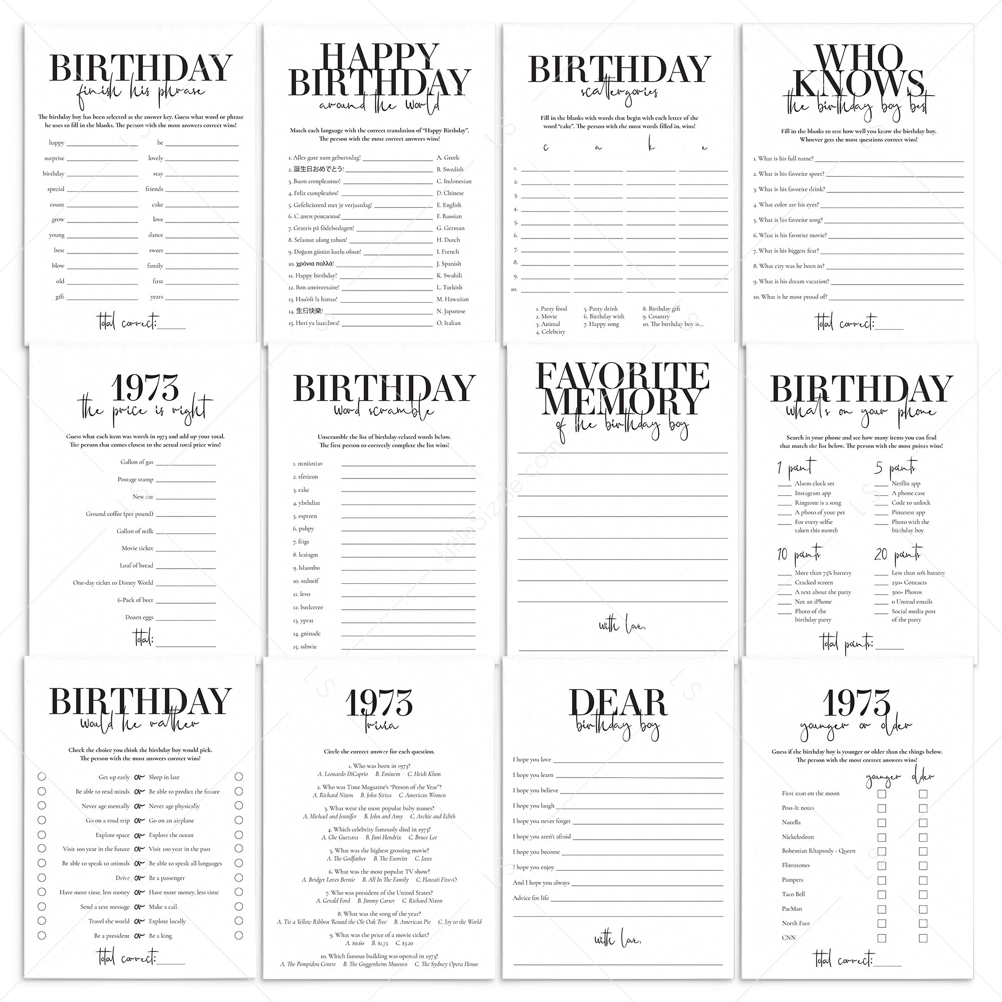 Born in 1973 52nd Birthday Party Games Bundle For Men by LittleSizzle