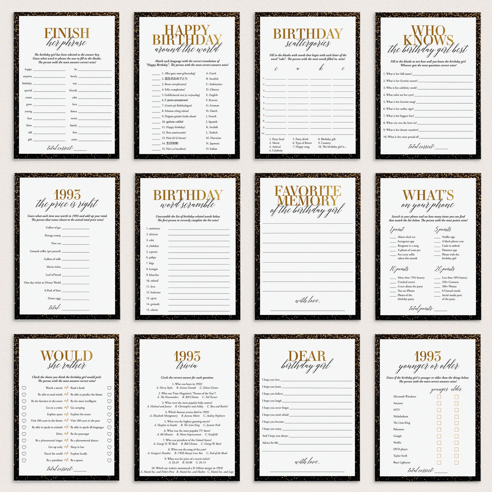 Black and Gold 32nd Birthday Party Games For Women Born in 1993 by LittleSizzle