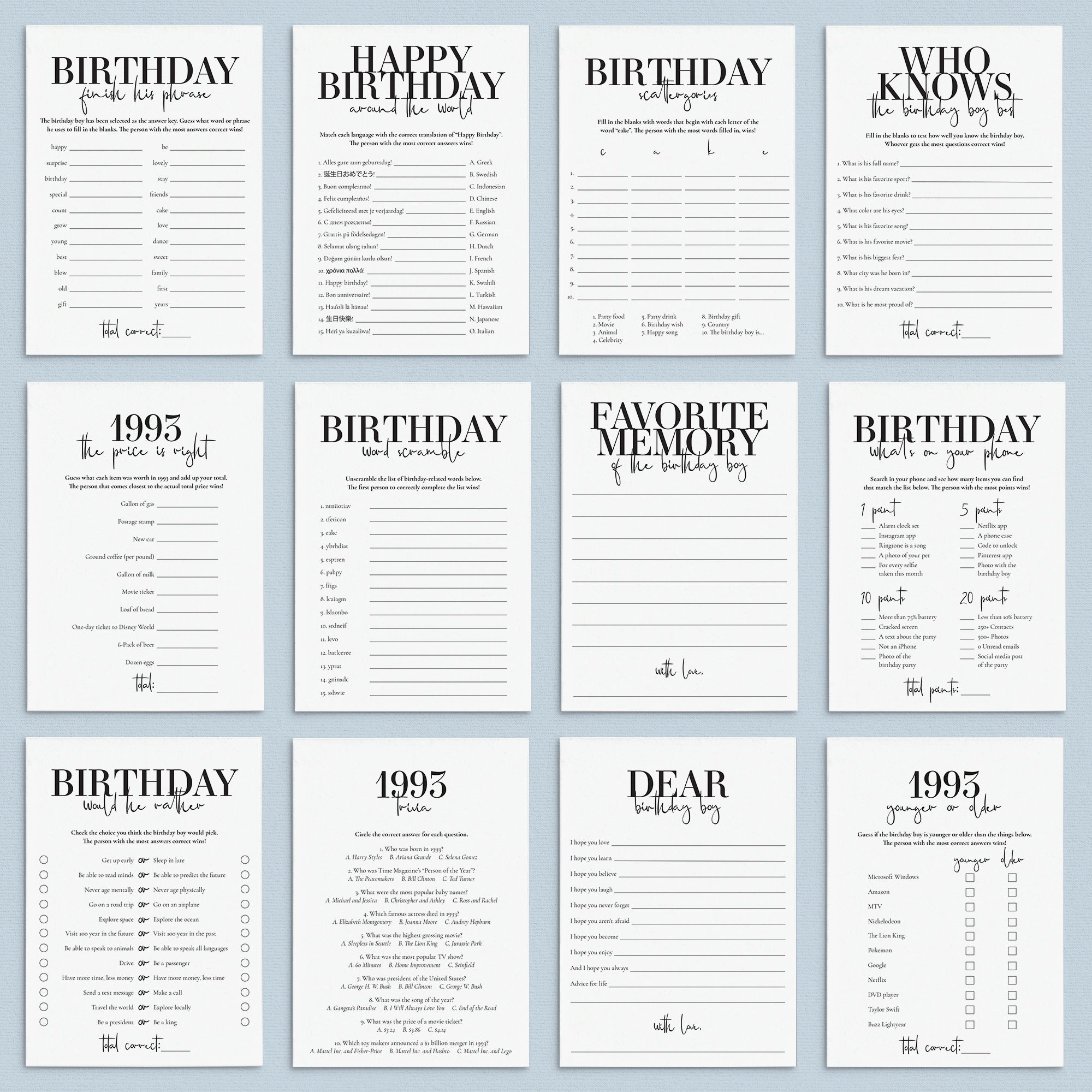 Born in 1993 32nd Birthday Party Games Bundle For Men by LittleSizzle