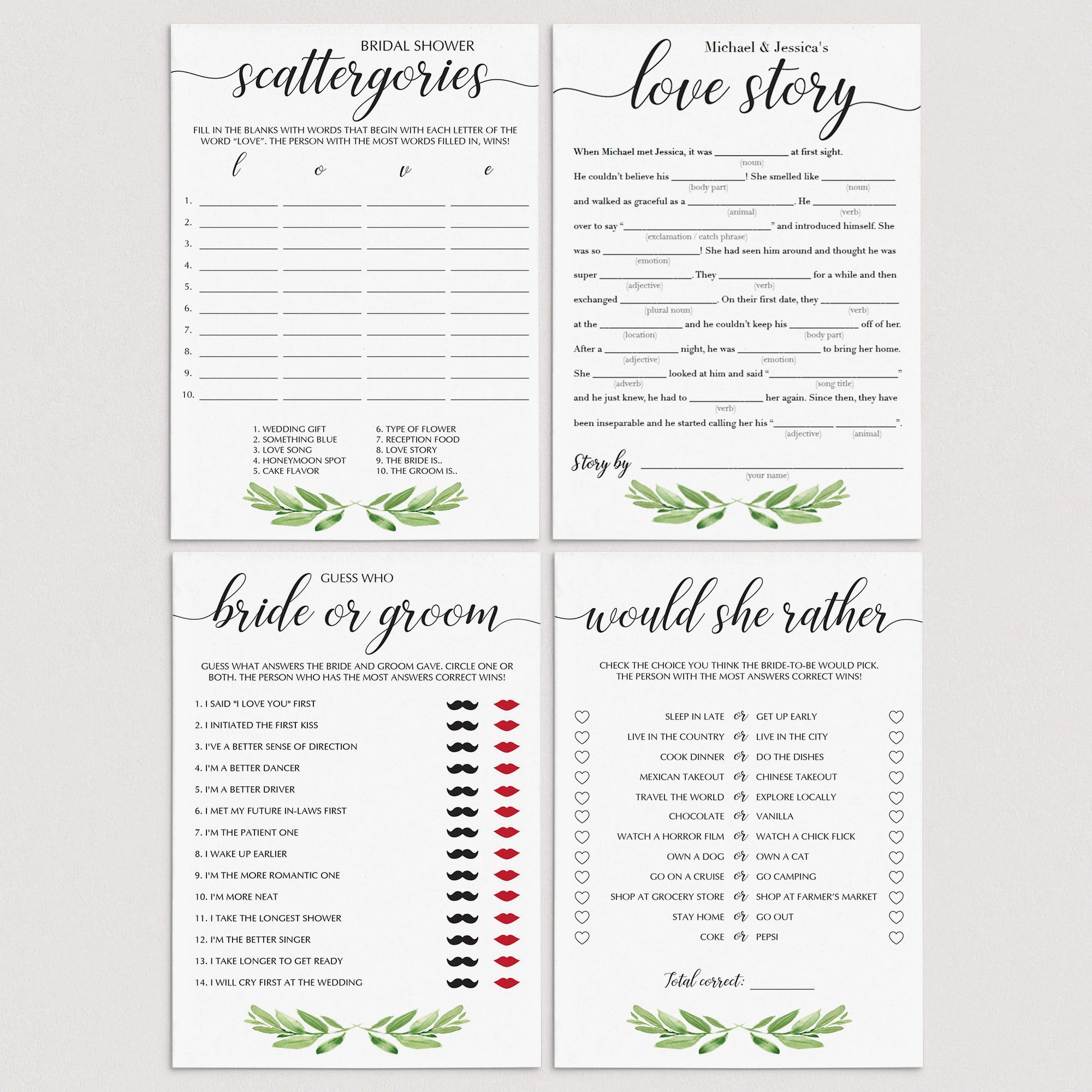 Greenery bridal shower games package by LittleSizzle