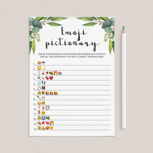 watercolor green leaves bridal shower emojis game instant download