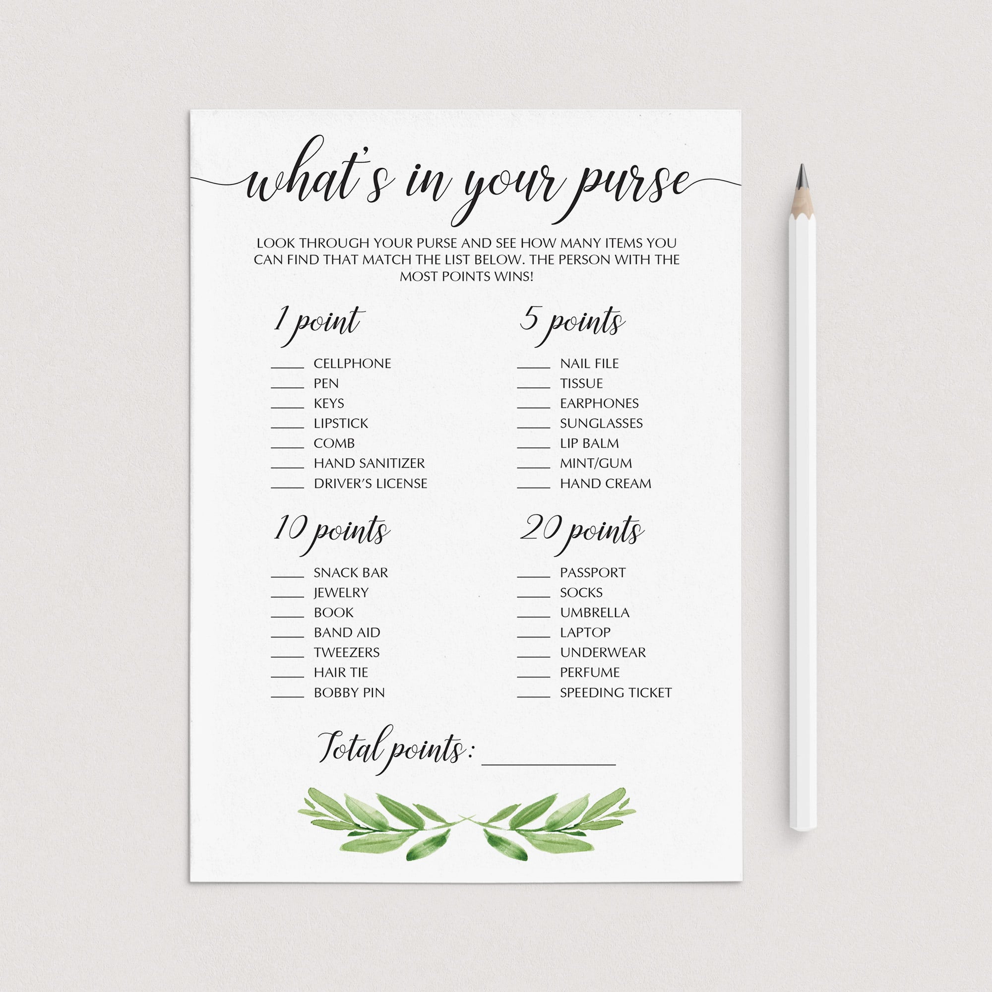 botanical party game whats in your purse