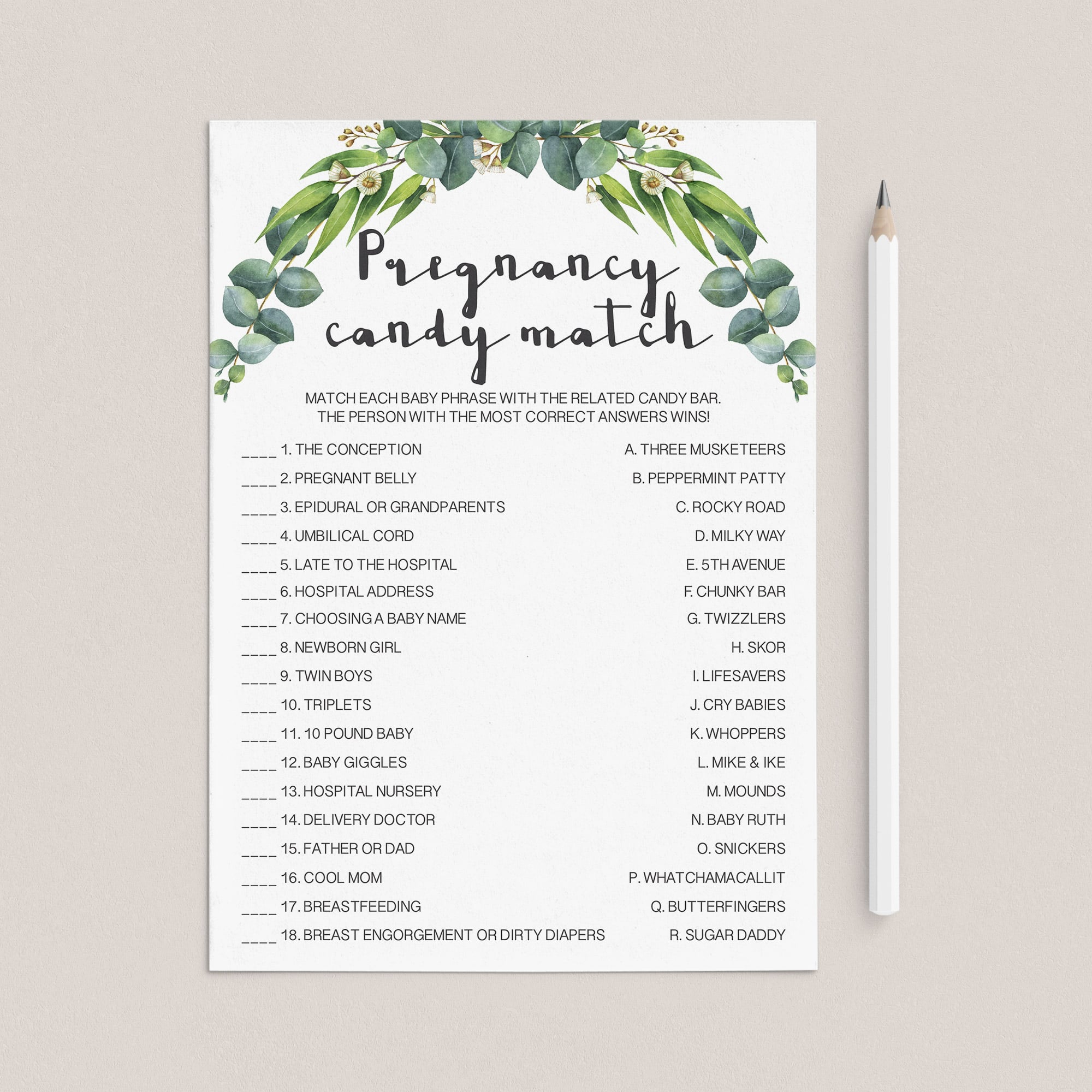 Pregnancy candy match game printable by LittleSizzle
