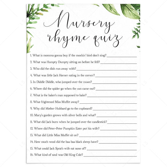 Greenery nursery rhyme quiz babyshower game printable by LittleSizzle