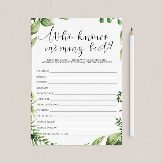 Greenery baby shower mommy quiz instant download by LittleSizzle