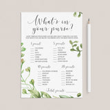 What's in your purse greenery baby shower game instant download by LittleSizzle