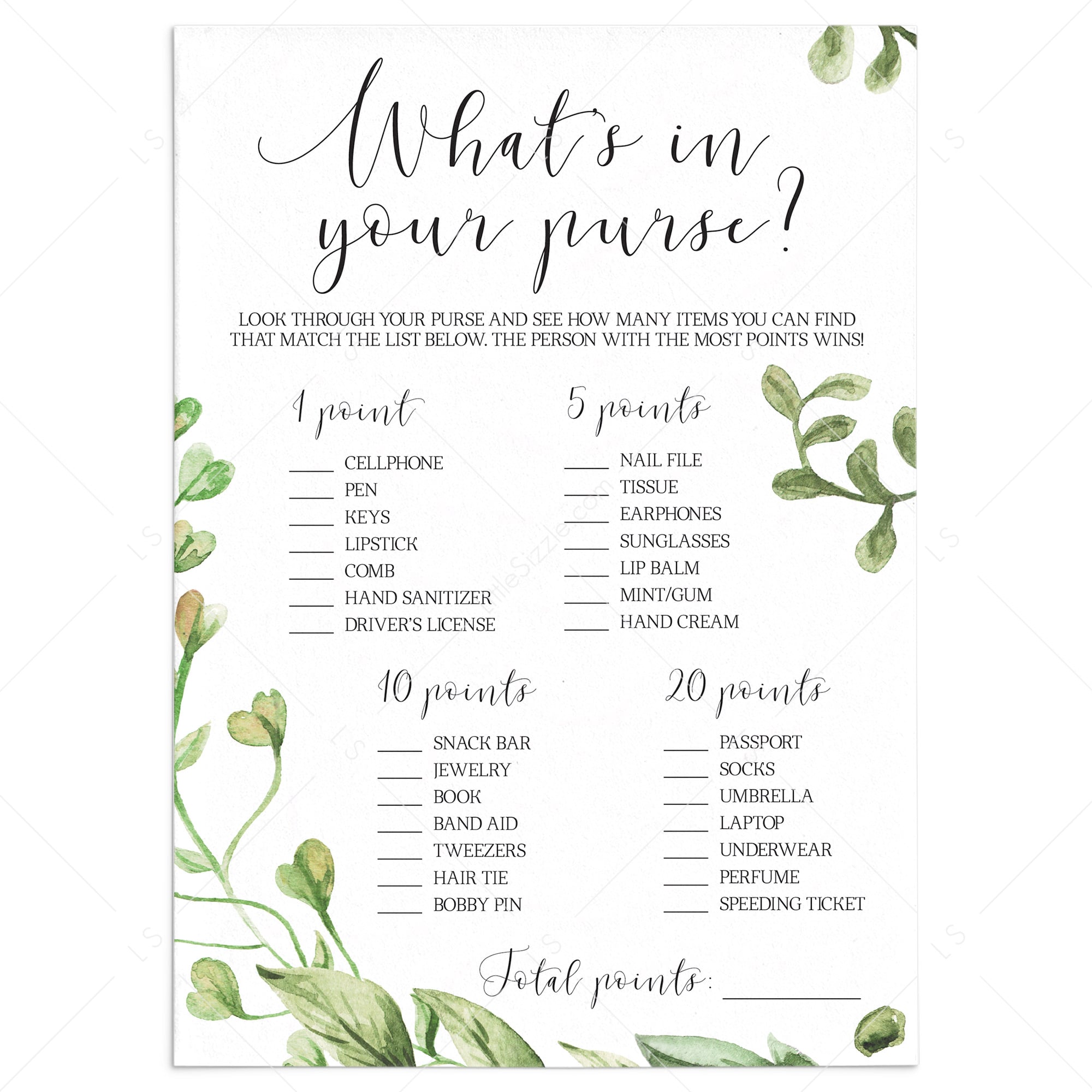 greenery bridal shower whats in your purse instant download