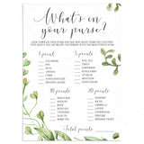 greenery bridal shower whats in your purse instant download