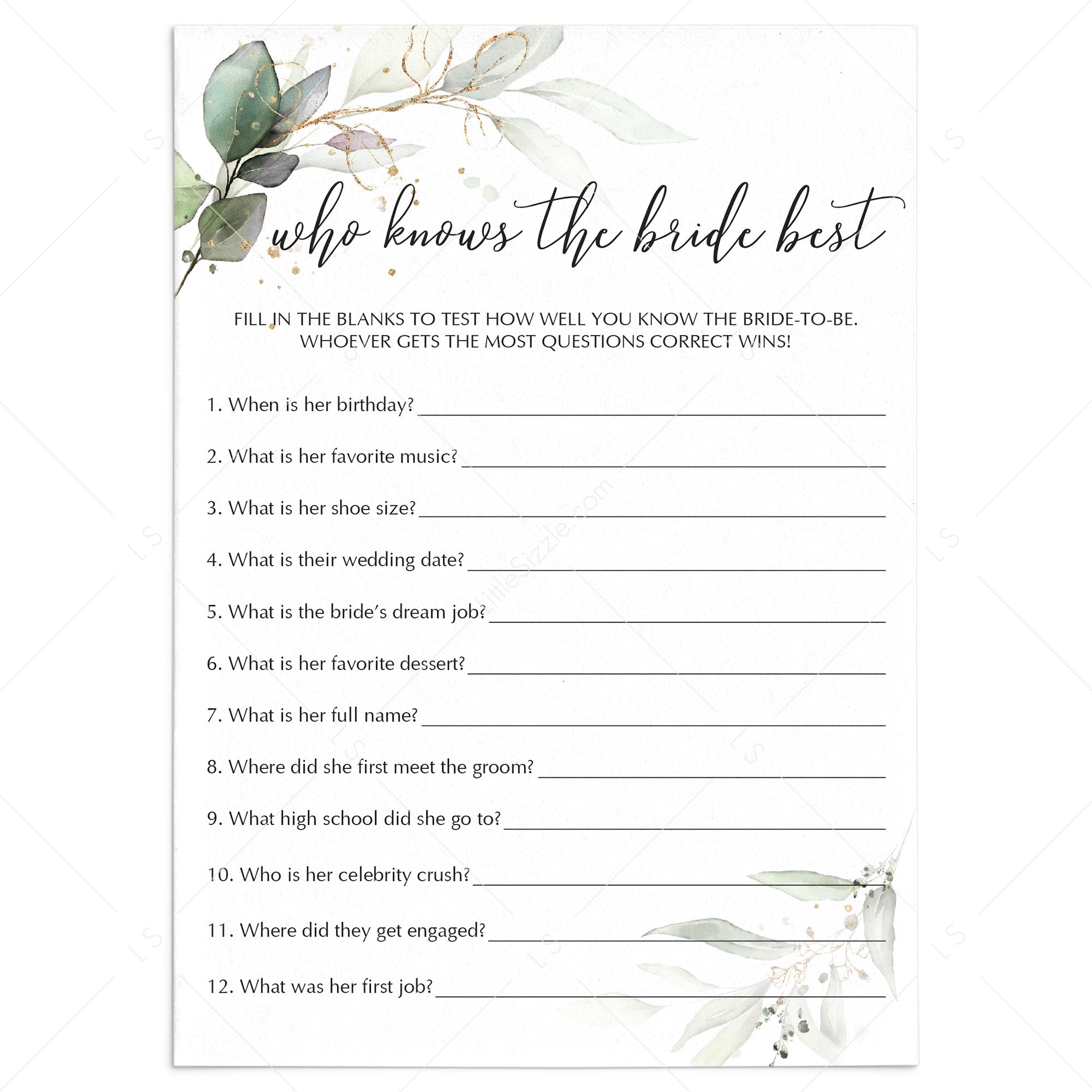 Greenery Bridal Shower Game Who Knows The Bride Best Instant Download by LittleSizzle