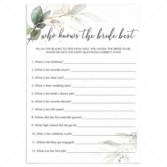 Greenery Bridal Shower Game Who Knows The Bride Best Instant Download by LittleSizzle