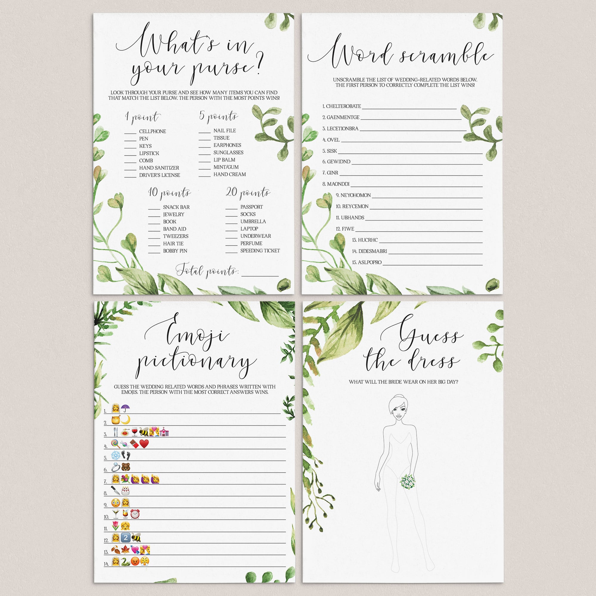 green leaves bridalshower games package printables