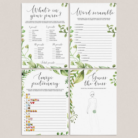 green leaves bridalshower games package printables