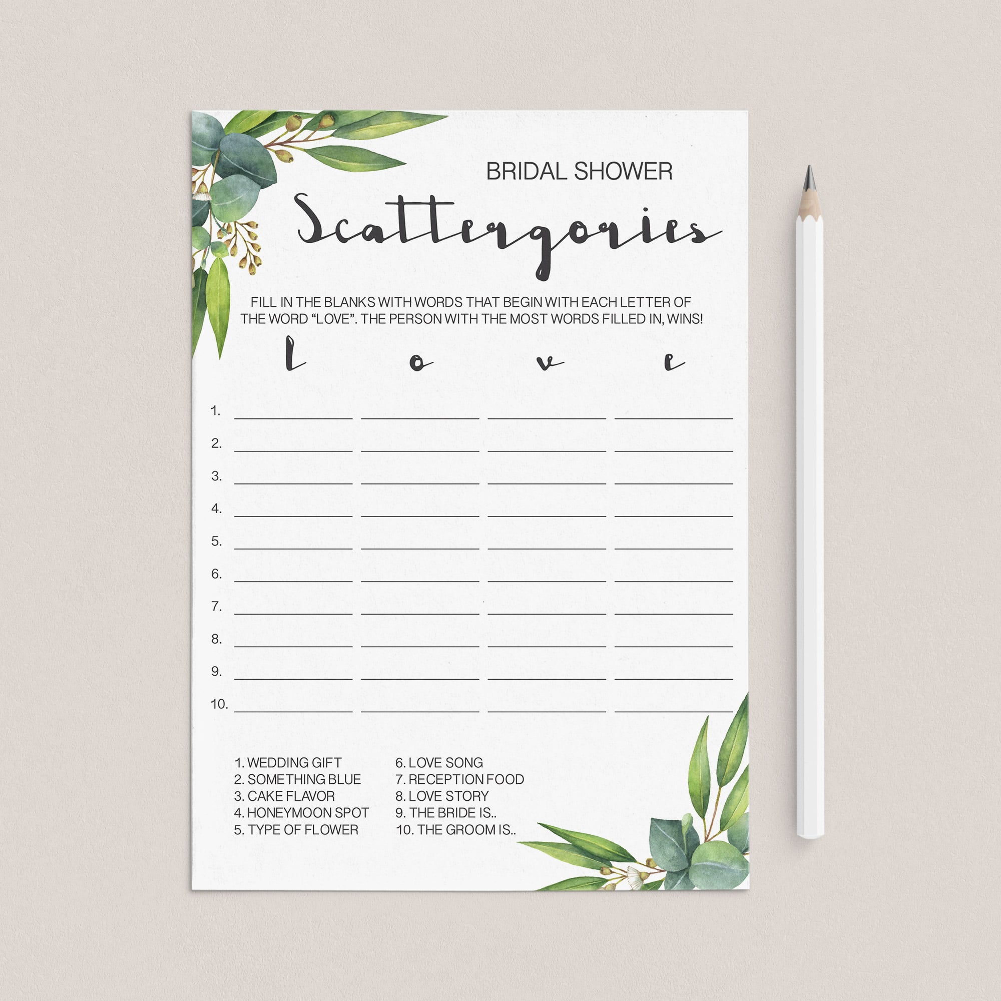 greenery bridal shower games instant downloads