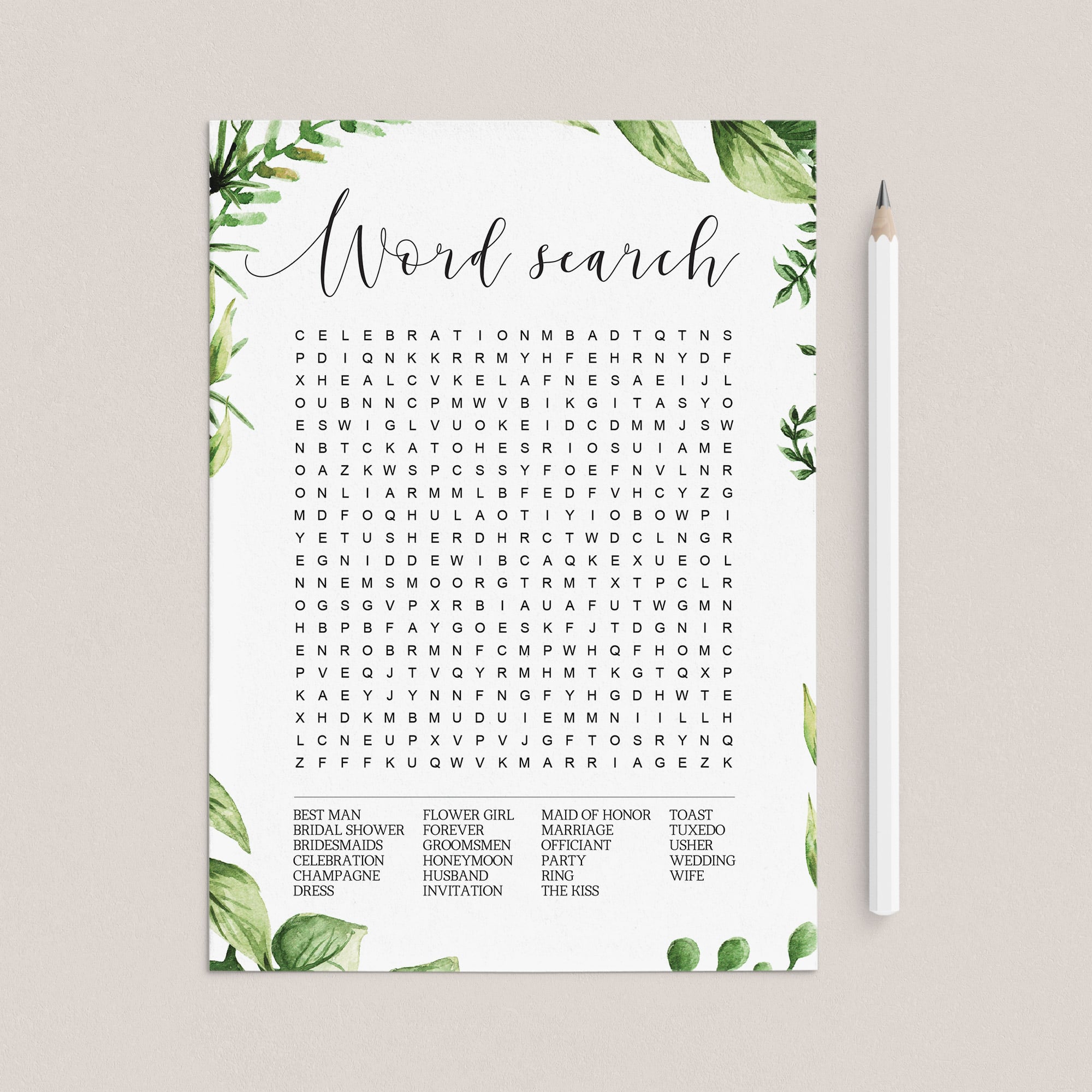botanical wedding word search game for wedding reception