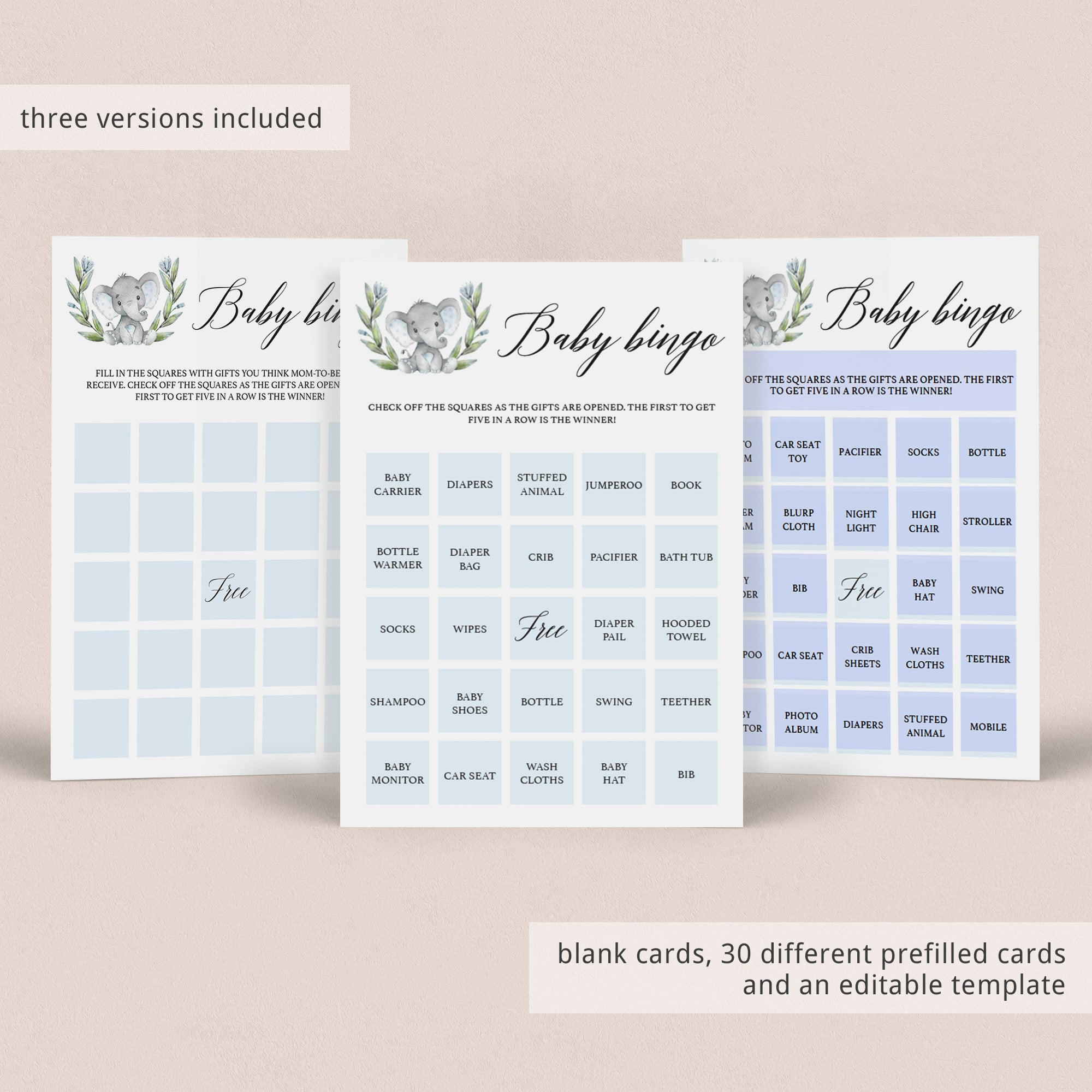 Blank baby bingo cards for elephant baby shower by LittleSizzle