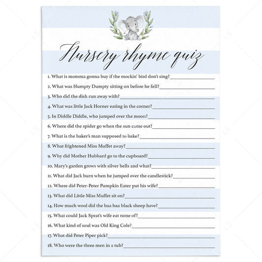 Printable Nursery Rhyme Quiz for boy baby shower by LittleSizzle