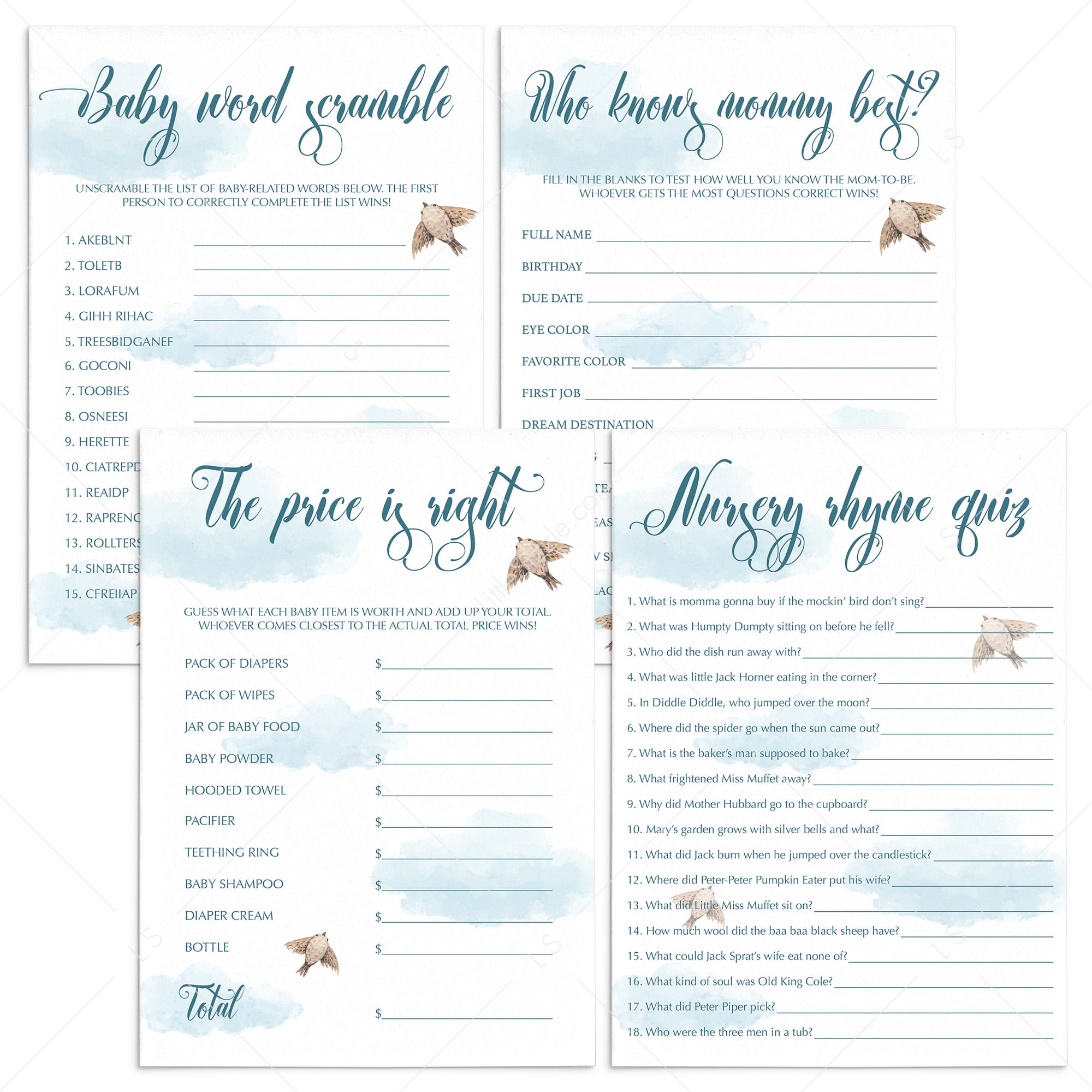 Blue baby shower games bundle printable PDF by LittleSizzle