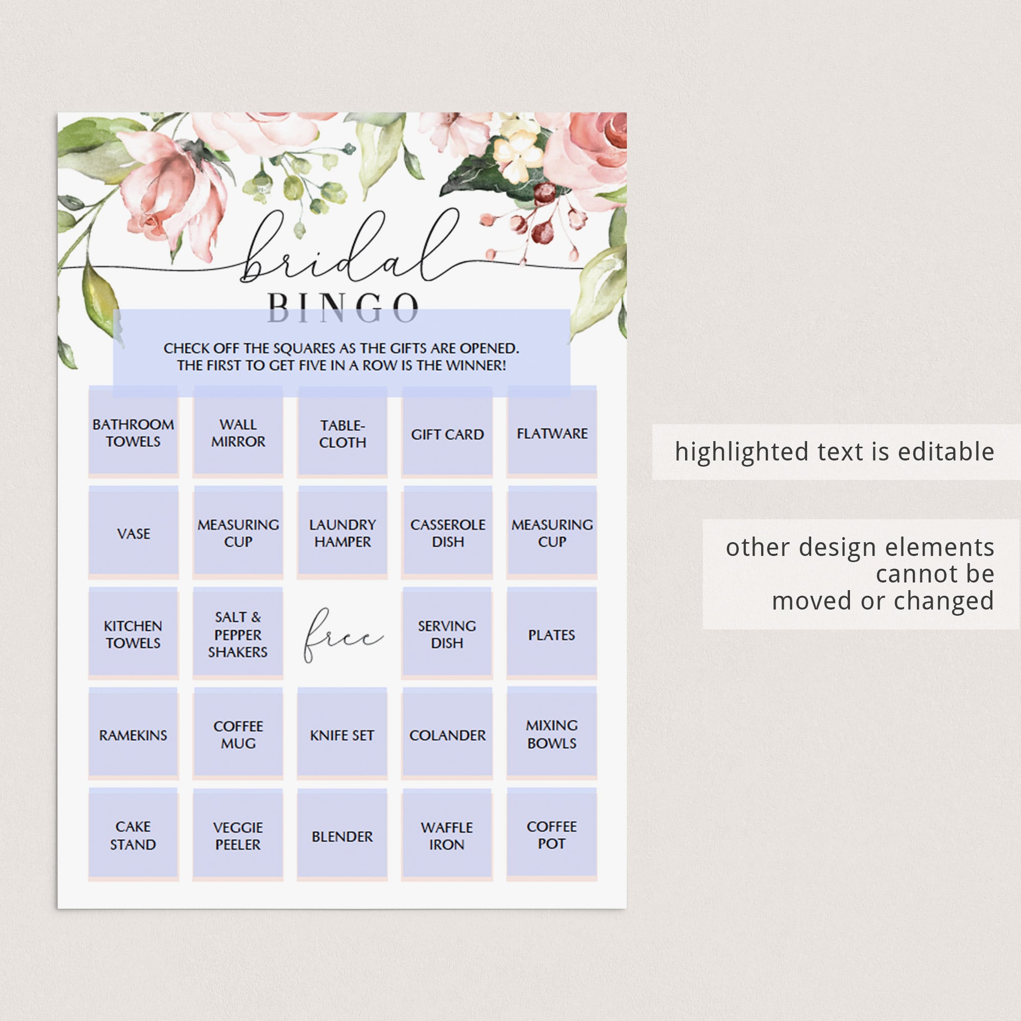 floral bridal bingo game prefilled cards