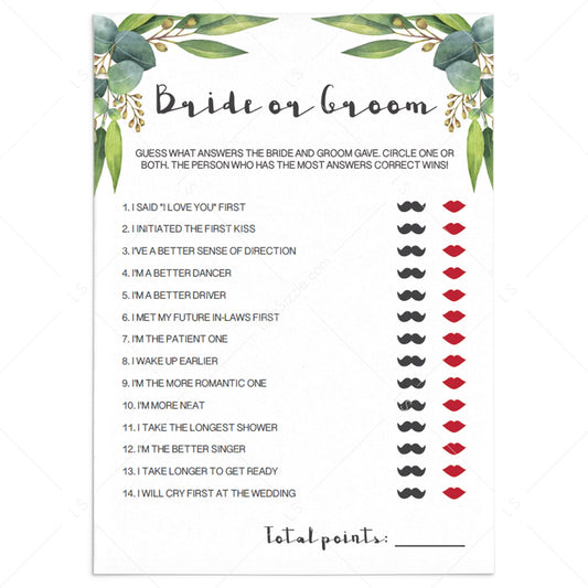 bridal shower bride or groom game printable by LittleSizzle