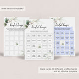 prefilled bingo cards for bridal shower greenery themed