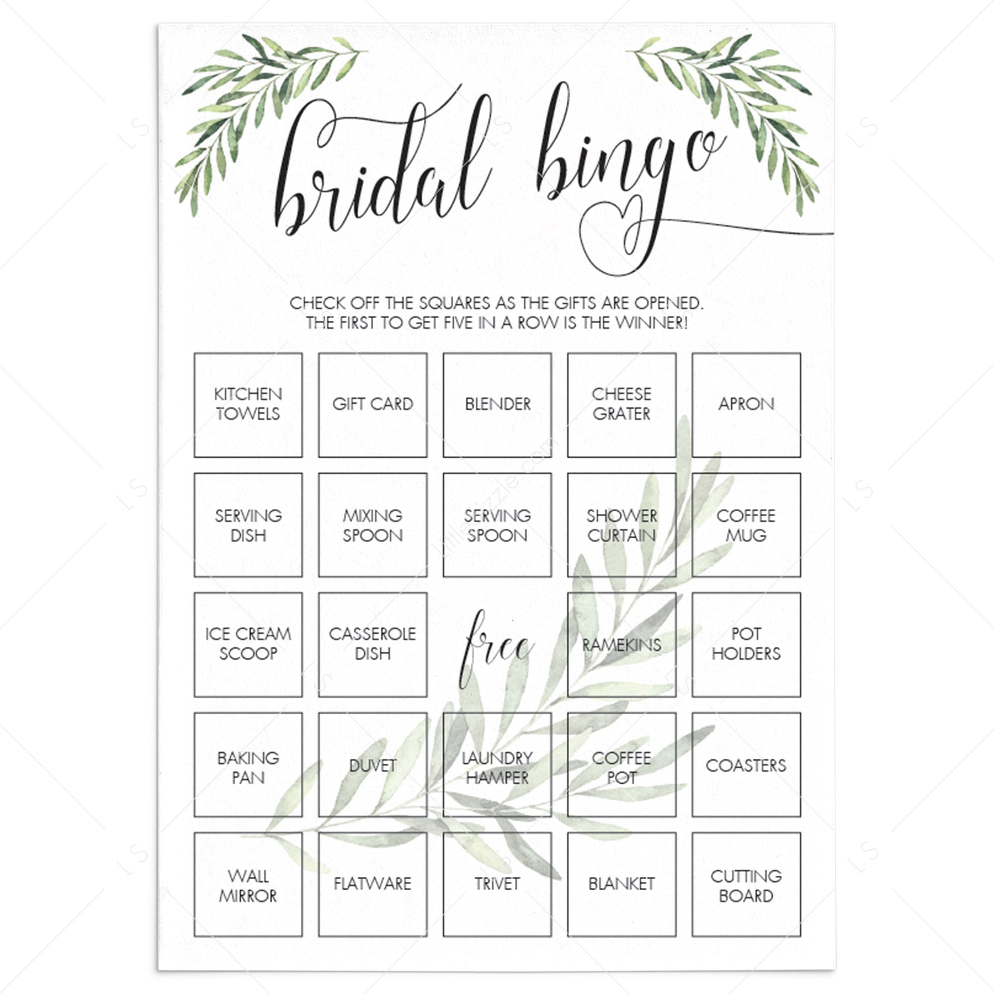 Greenery Bridal Shower Bridal Bingo Game Cards Printable LittleSizzle Greenery Bridal Shower Bridal Bingo Game Cards Printable LittleSizzle