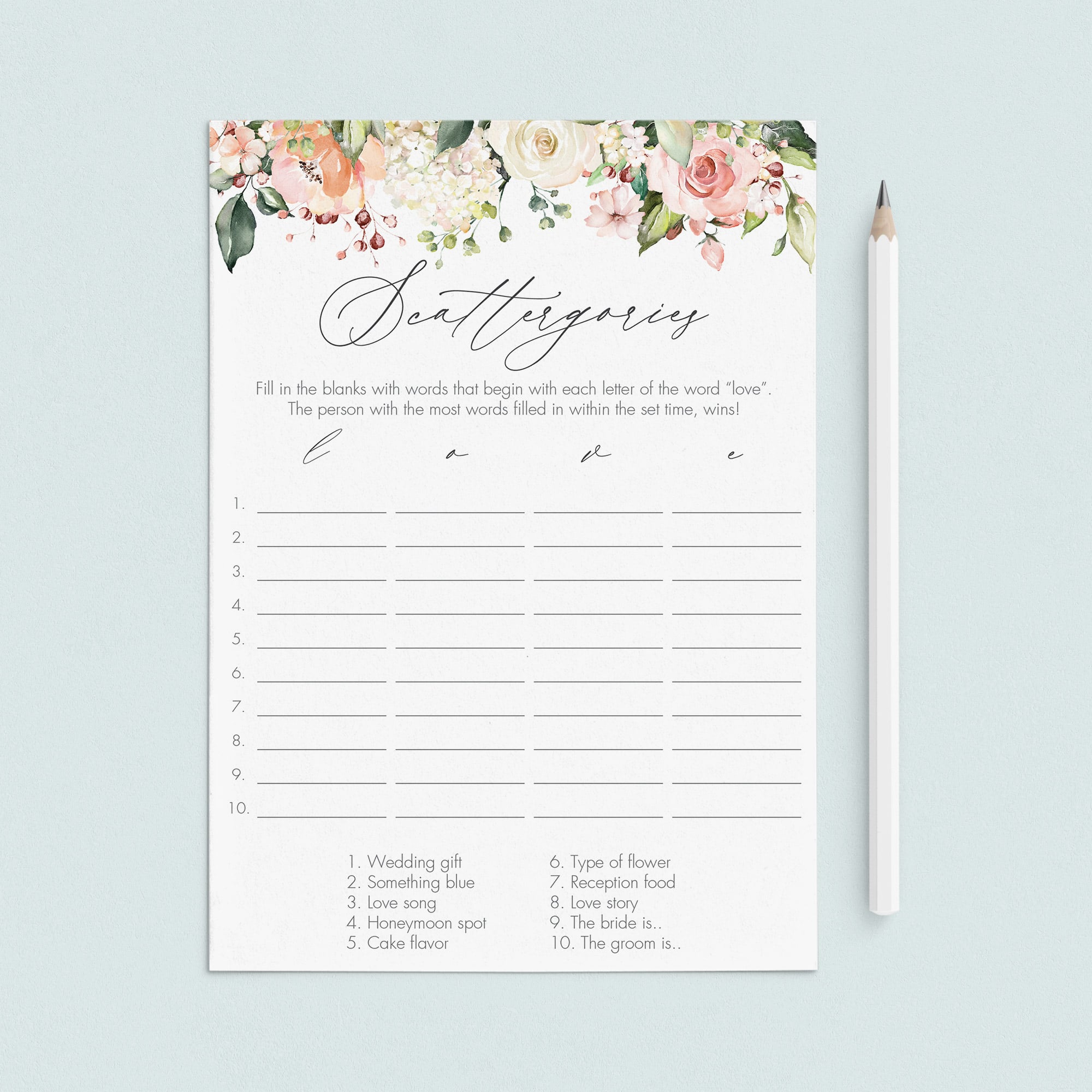 Scattergories love game for bridal shower party by LittleSizzle