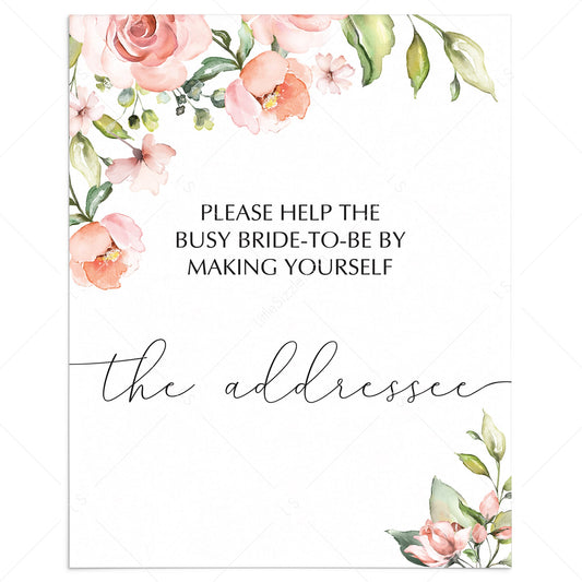 Bridal Shower Addressee Card Sign with Blush Flowers by LittleSizzle