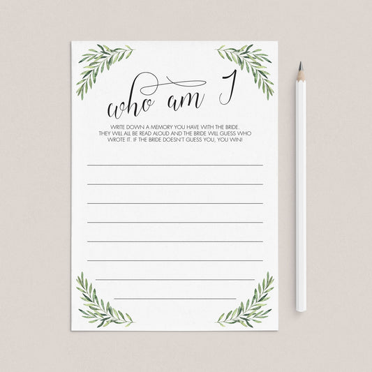 Botanical Wedding Shower Game Who Am I Instant Download by LittleSizzle