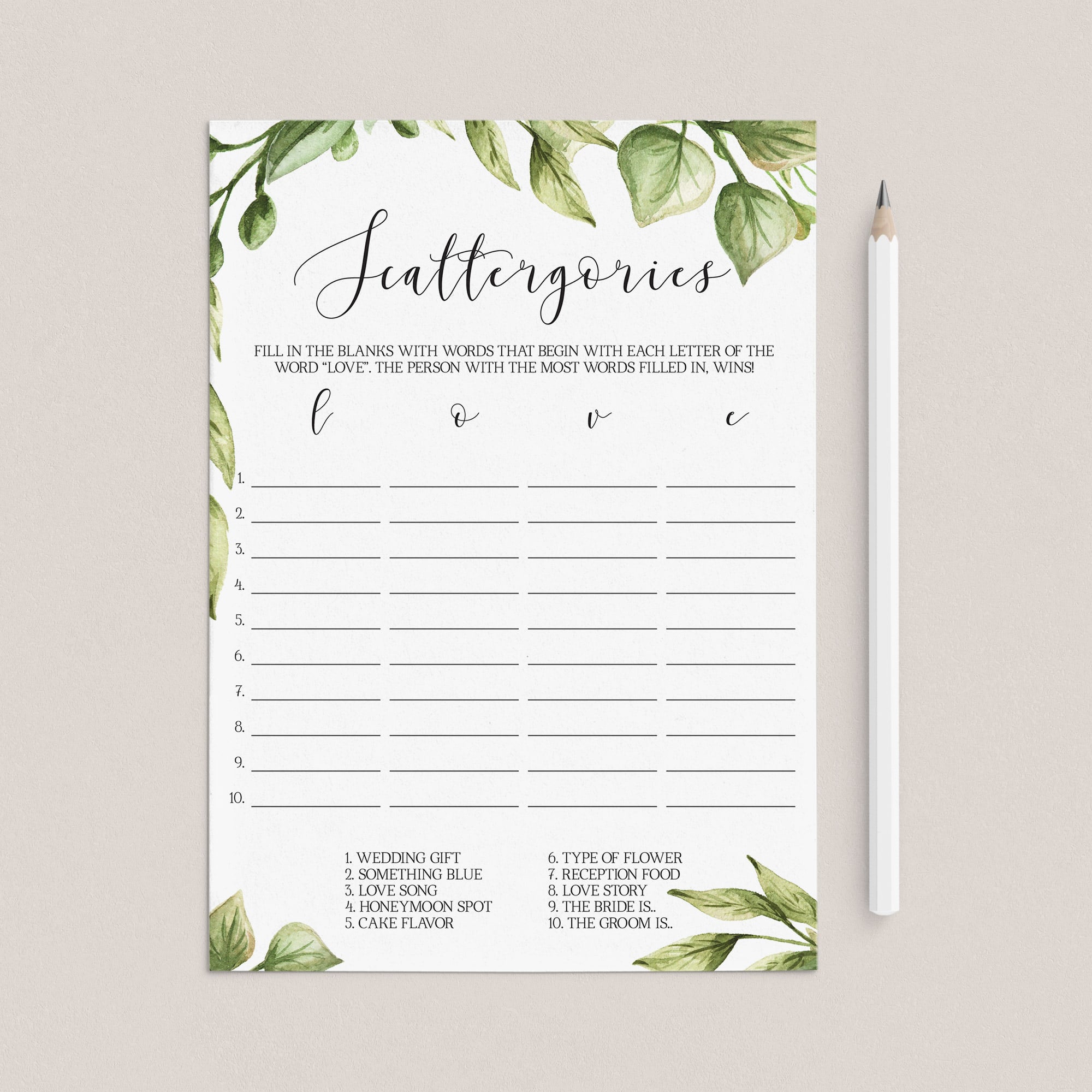 forest bridal shower scattergories game printable