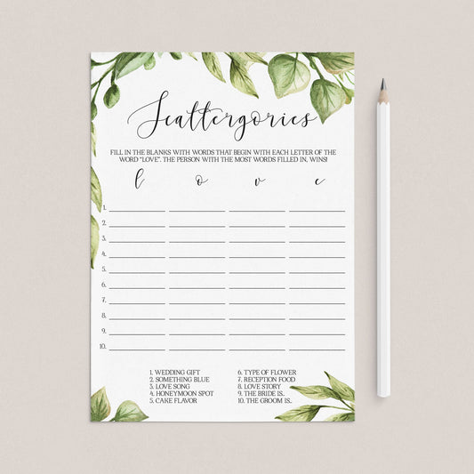 forest bridal shower scattergories game printable