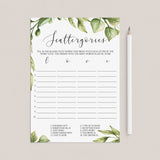 forest bridal shower scattergories game printable