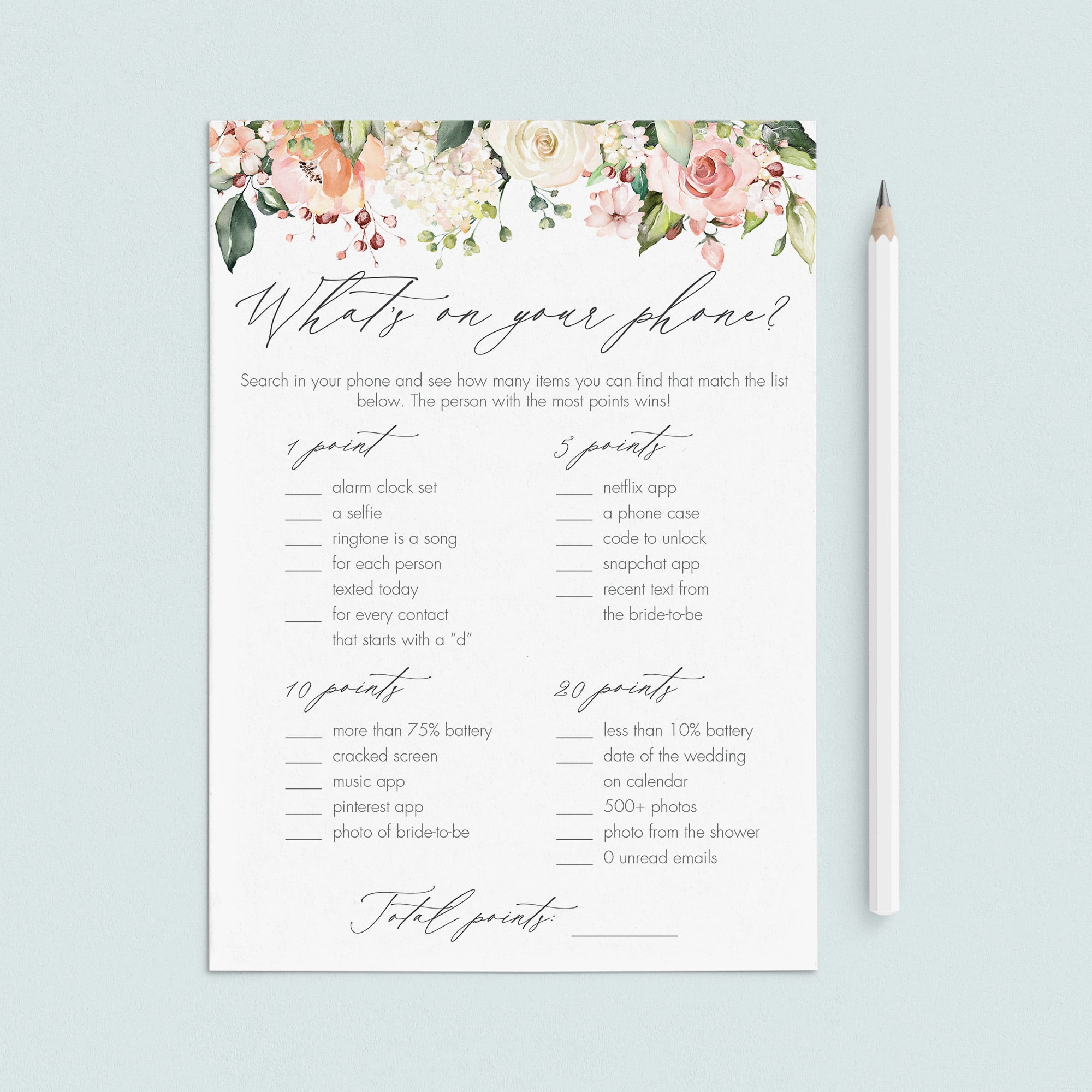 Elegant Bridal Shower Game Whats On Your Phone Printable by LittleSizzle