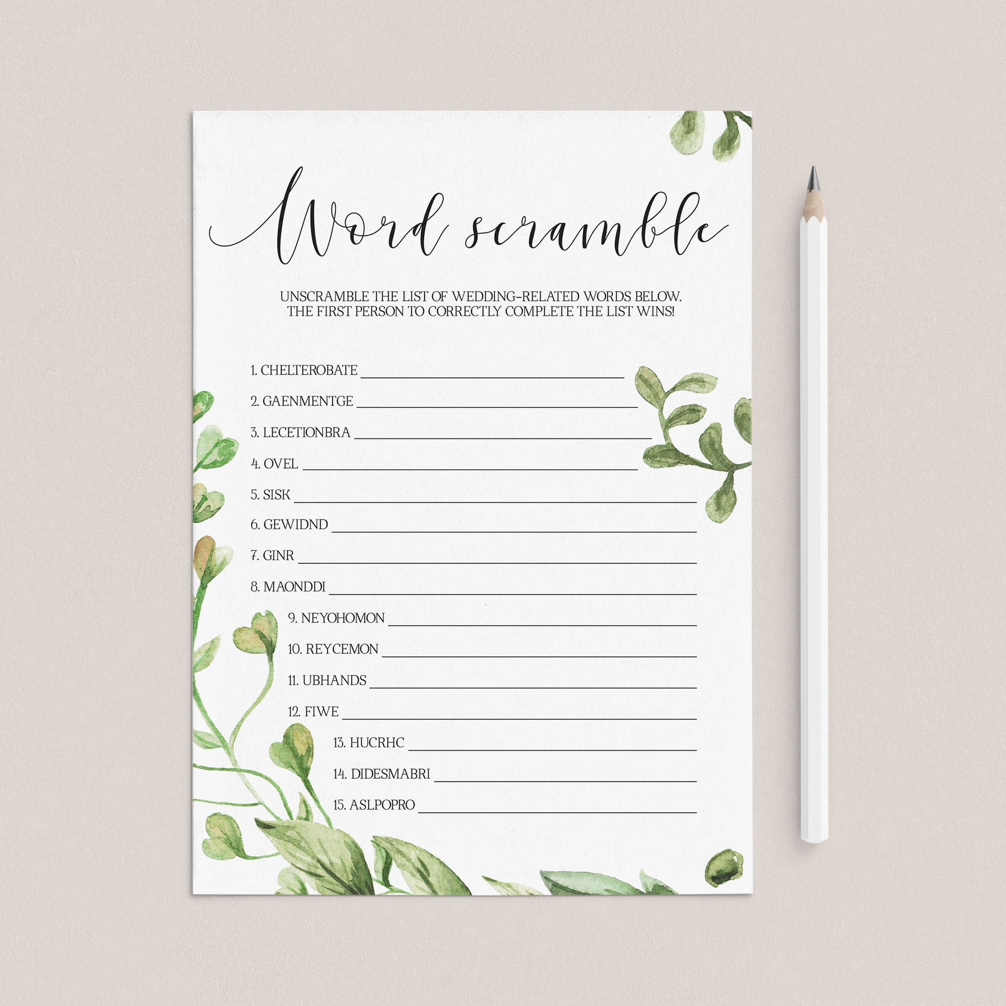 greenery wedding shower games instant download